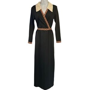 Vintage 70s Black Maxi Dress Cream Collar Plaid Trim Boho Folk Revival Holiday